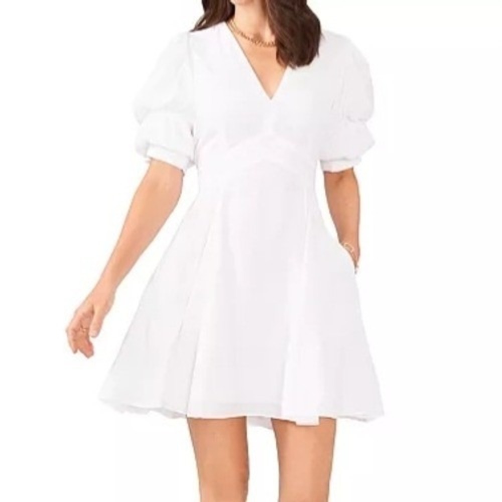 1.State Bubble Sleeve V Neck White A Line Pullover Dress Womens Size XS NWT